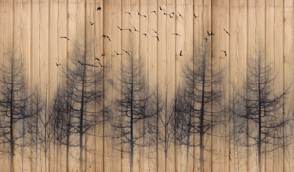 飞鸟树林剪影木板背景墙