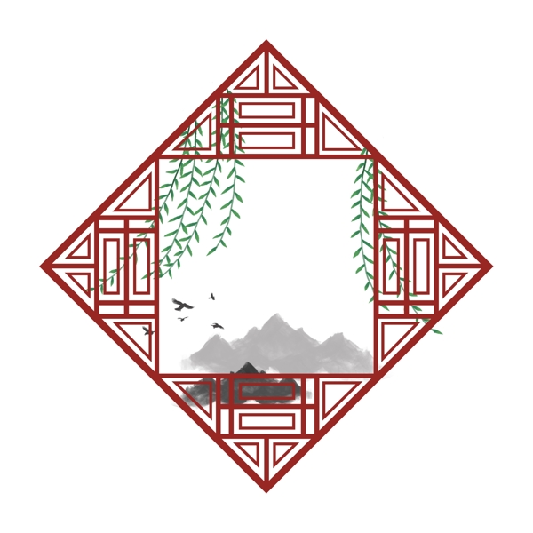 红色手绘中国风窗户花边边框国风