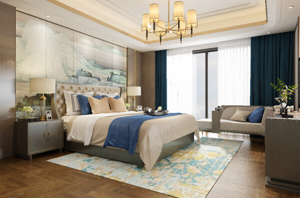新中式风格轻奢卧室效果图
