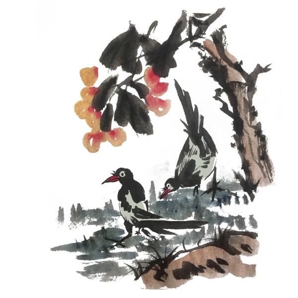 中国风水墨风两只喜鹊手绘插画