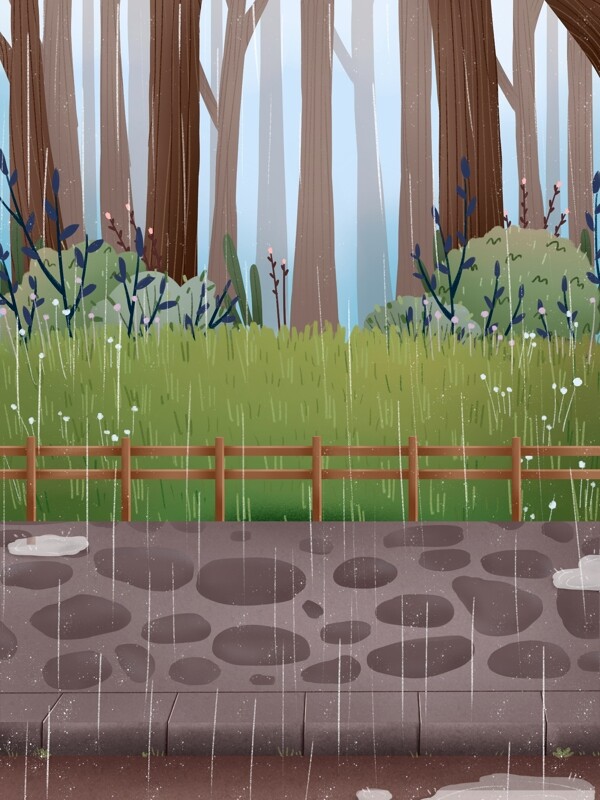 手绘雨中的树林背景素材