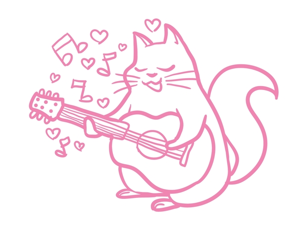 手绘粉色小猫弹琴元素