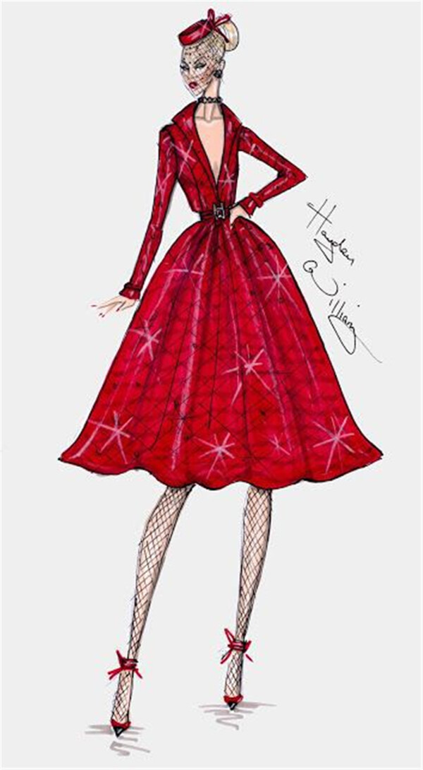红色深V子连衣裙设计图