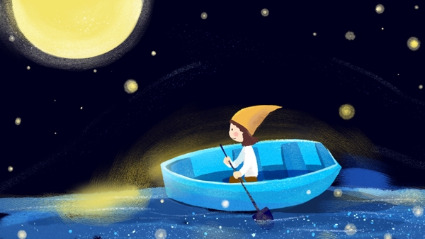 蓝色小河中的划船的卡通小女孩星空卡通背景