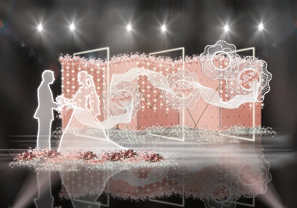 粉色新郎新娘装饰折叠造型背景婚礼效果图