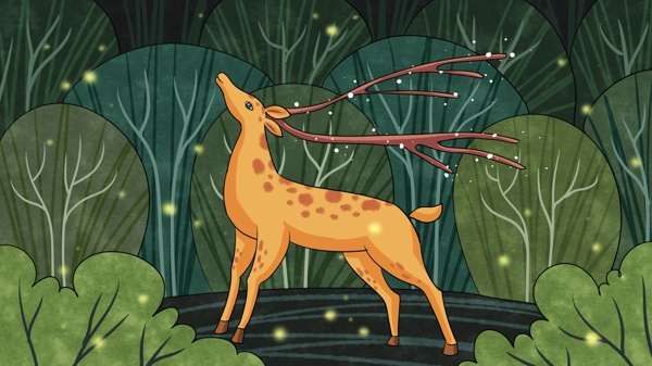 林深见鹿森林中飘舞着的萤火虫治愈系插画