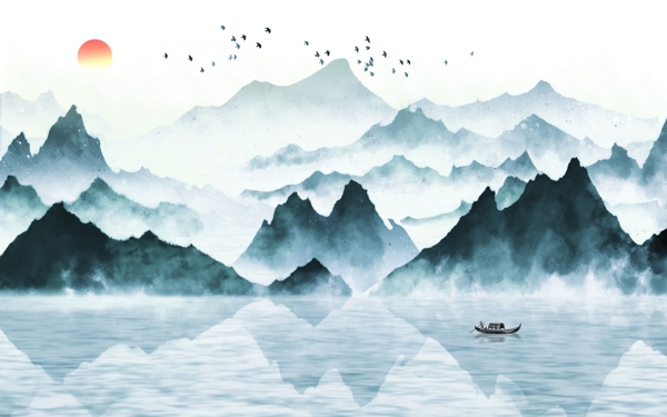 中式蓝色山水新中式创意玄关屏风