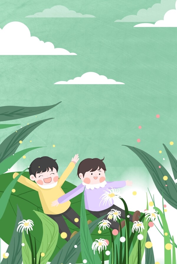 春天植物间玩耍的男孩插画海报