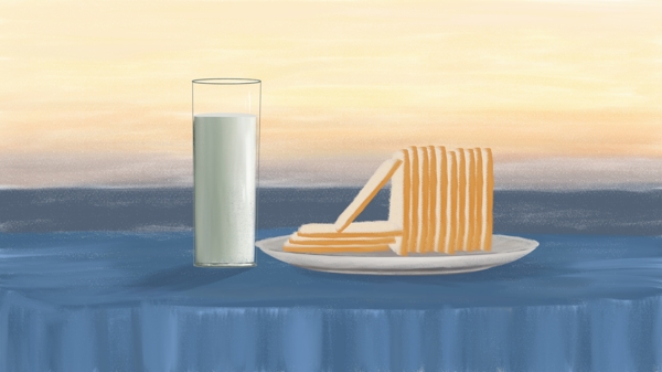 早安你好手绘油画风日出牛奶面包早餐海报