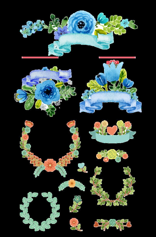 清新蓝色水彩花朵手绘花环装饰元素