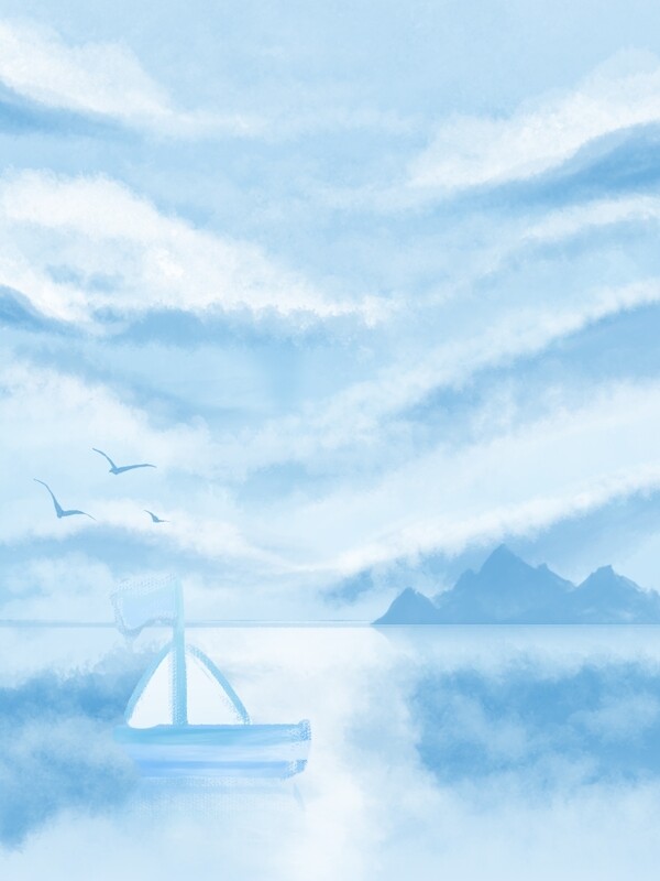 全原创手绘蓝天白云海洋海边背景