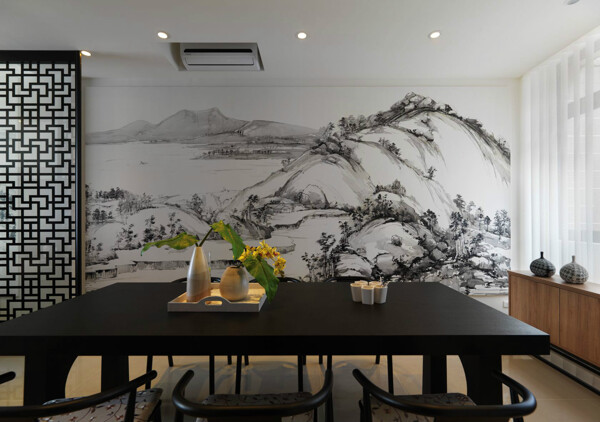 中式时尚室内餐厅背景墙效果图