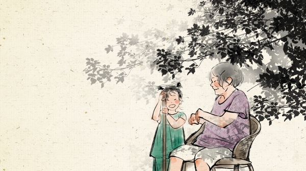 彩绘处暑节气树下乘凉的女孩与奶奶背景素材