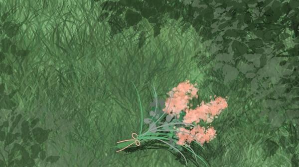绿色草地上一束粉色花朵卡通背景