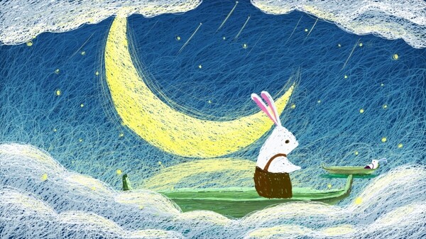 线圈画唯美星空月亮与小舟上的兔子