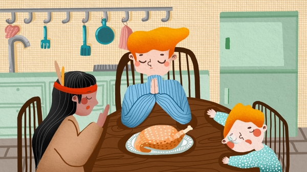 感恩节一家人坐在桌子前祈祷温馨可爱插画