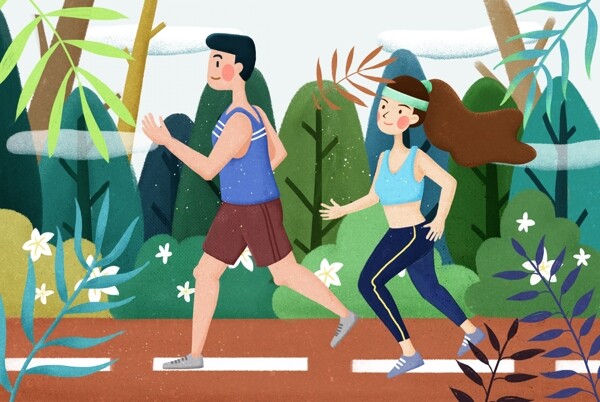 运动跑步人物清新插画卡通背景