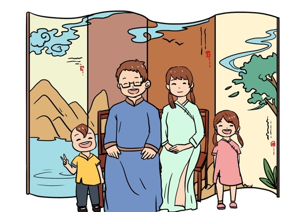 家人合影插画卡通背景海报素材
