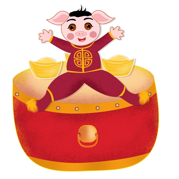 传统中国风春节坐在花鼓上的卡通猪