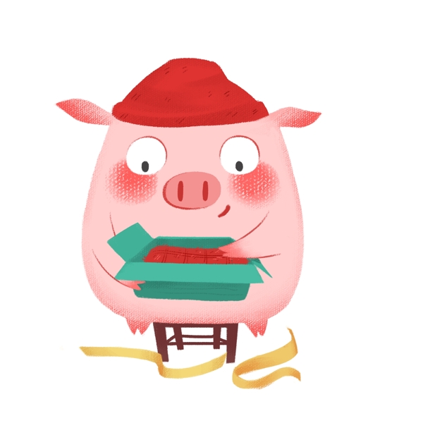 卡通手绘拆礼物的小猪动物设计