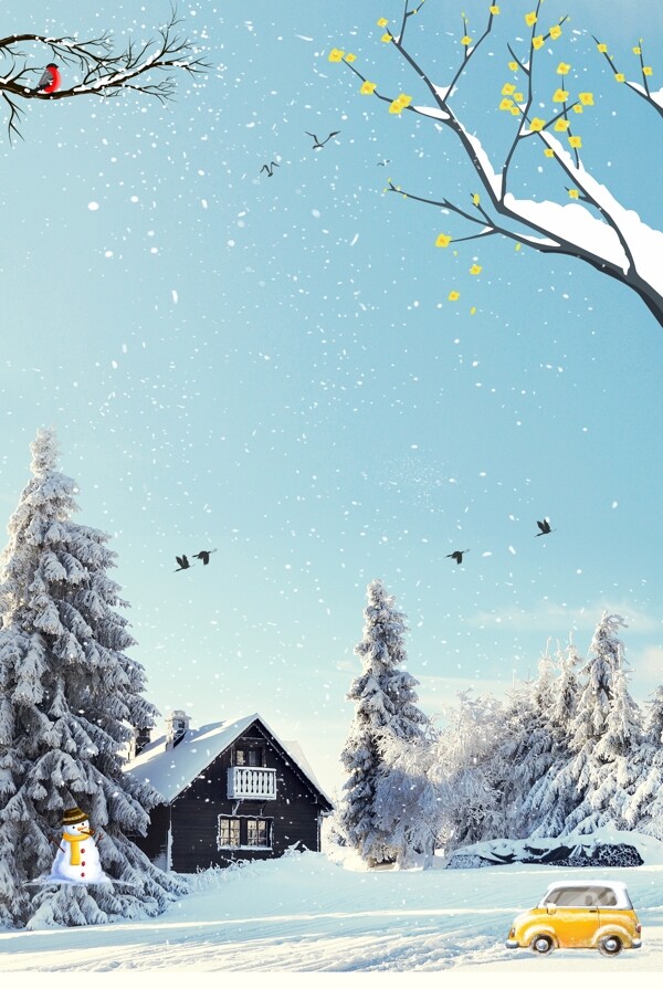 雪人雪景清新冬季卡通手绘广告背景