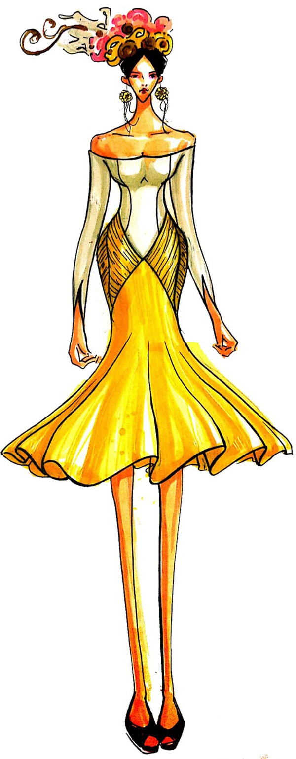 黄色抹胸鱼尾裙设计图