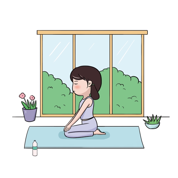 手绘卡通女孩室内静心瑜伽练习插画