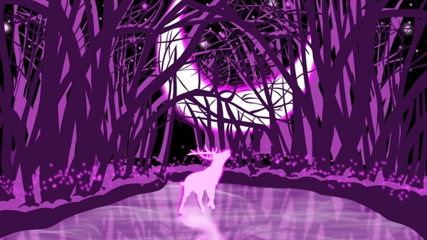 魔法森林系列弯月深夜里镜湖中发光的麋鹿