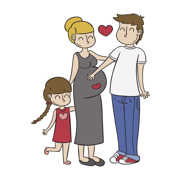 手绘怀孕的母亲和爸爸孩子矢量素材