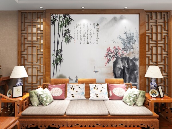 中式背景墙效果图模版