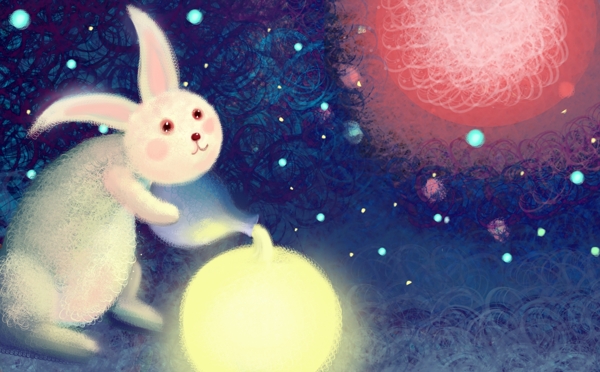创意线圈印象中秋月亮和兔子插画