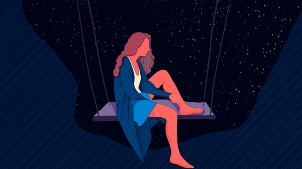 夜晚坐在秋千上的女人卡通背景