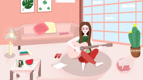 夏季室内弹吉他女孩小清新原创插画