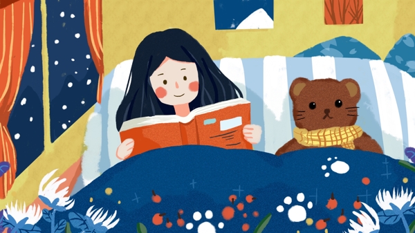 晚安你好小女孩睡前和小熊读书可爱温暖插画