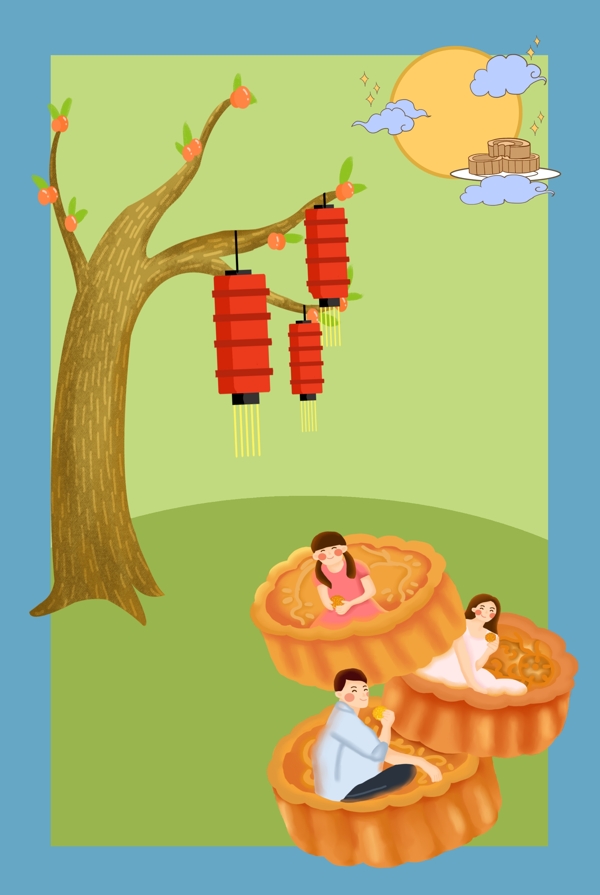 中秋节吃月饼创意手绘卡通背景海报