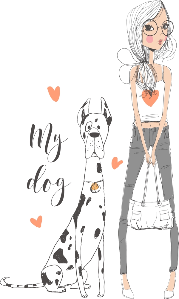手绘可爱的女生和狗插画