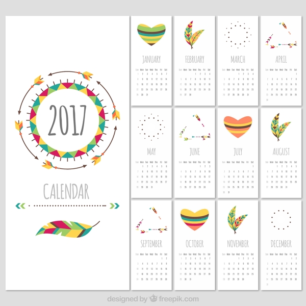 波希米亚风格的2017日历模板