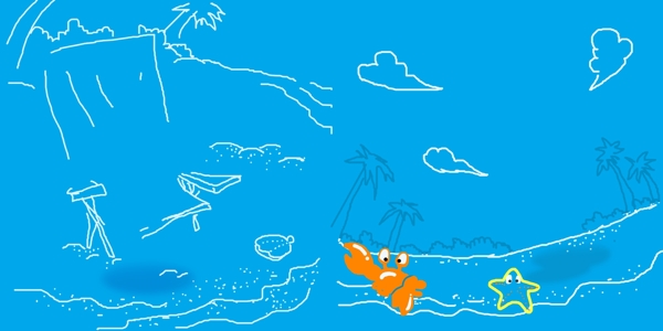 儿童手绘册海滩螃蟹蓝天白云太阳贝壳