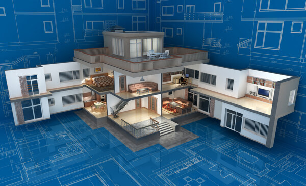 3D房屋模型与图纸背景
