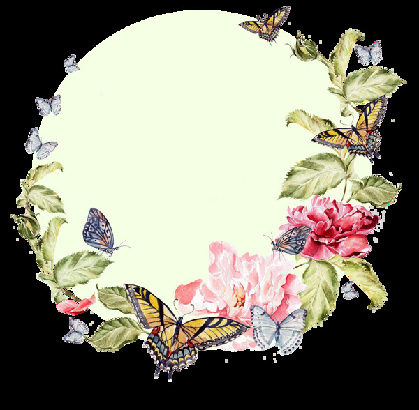 圆形蝴蝶与植物卡通透明素材