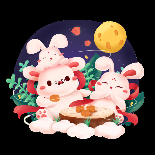中秋节家庭团圆月兔吃月饼可商用设计素材