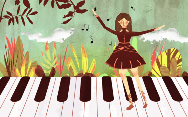 钢琴少女音乐插画卡通背景素材图片