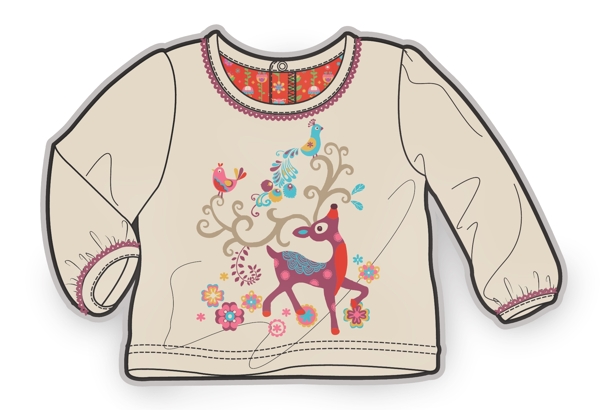 白色小鹿长袖小女孩服装设计秋冬彩色原稿
