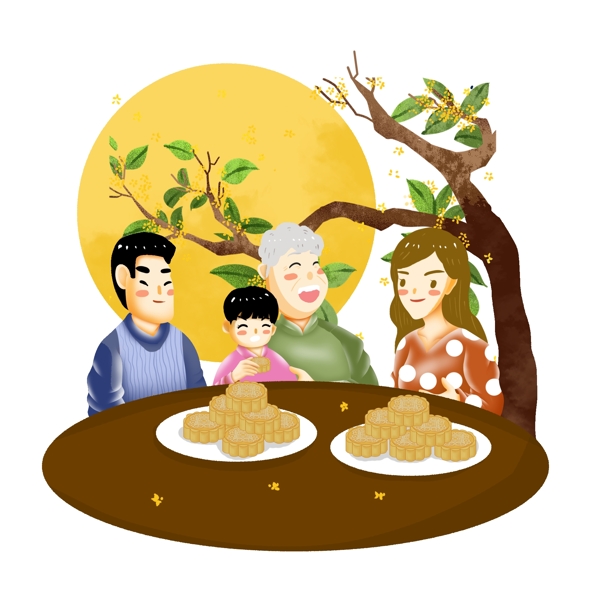 中秋节家人团圆赏月吃月饼