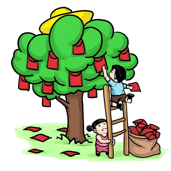 手绘绿色的红包树插画