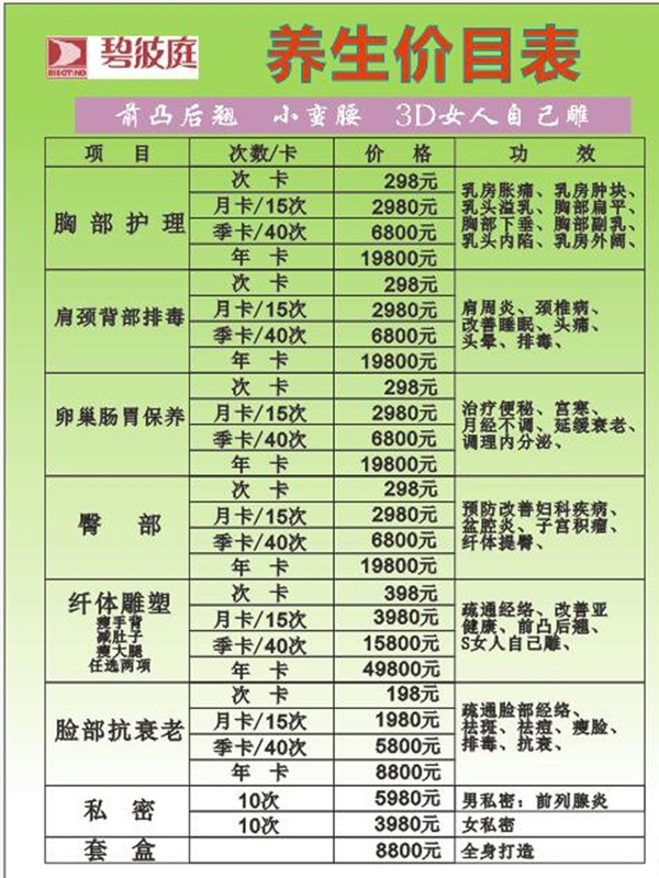 碧波庭养生价目表