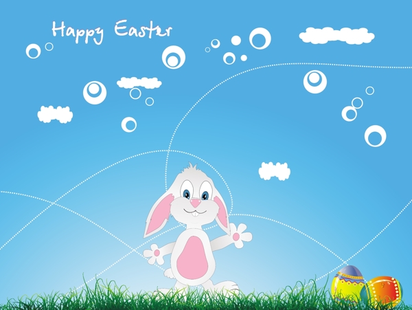在绿色的草地上复活节小兔和彩蛋