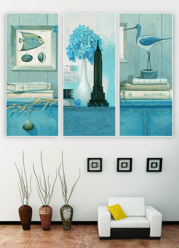 三联画地中海风格蓝色客厅装饰画
