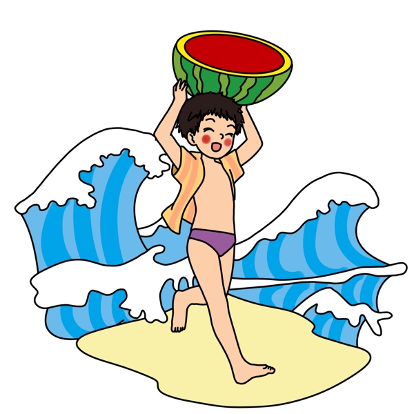 夏日海边吃西瓜少年