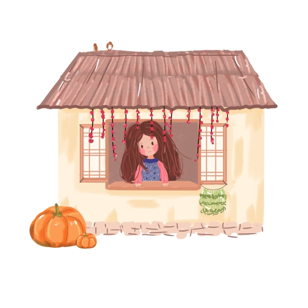 二十四节气之秋分女孩房子南瓜手绘插画元素